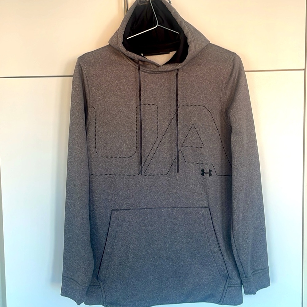 Under Armour Thermafleece Gray Pullover Hoodie Black Logo Small PTP 21.5